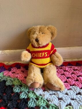 Vintage Russ Teddy Bear in Red & Yellow Chiefs Sweater